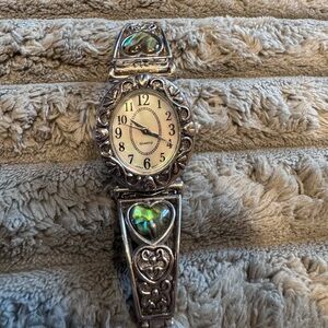 Japanese Quartz ladies watche-abalone shell hearts w/filigree